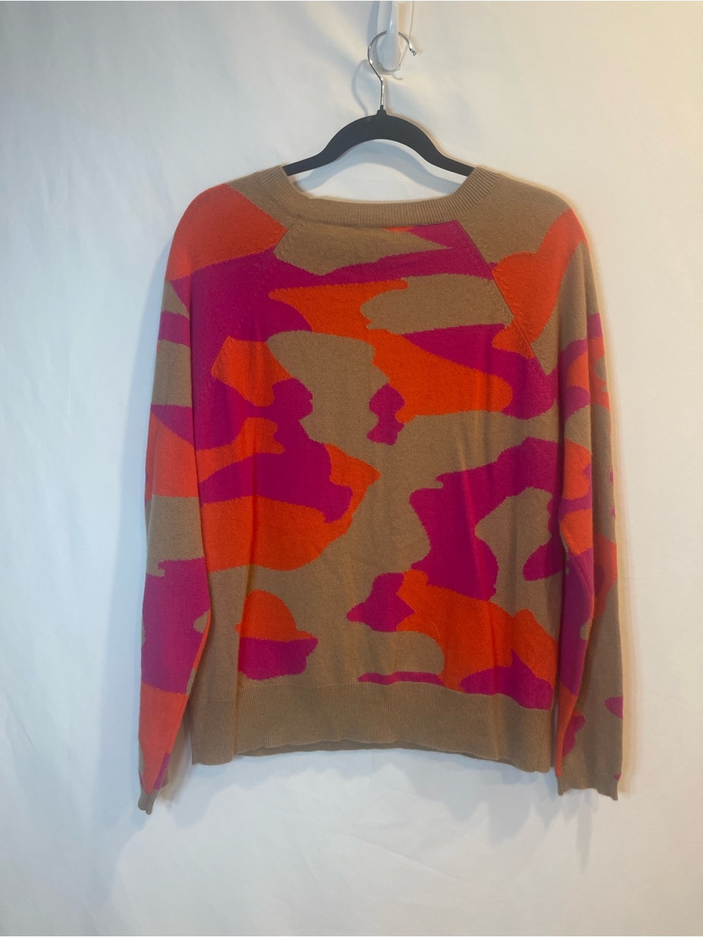 Women's Tan Crewneck Sweater with Pink & Orange Abstract Pattern